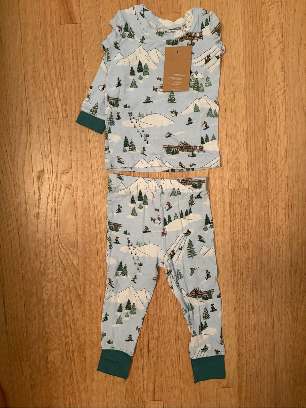 Angel Dear Light Blue Mountain Ski Print Pajama Set with Green Cuffs